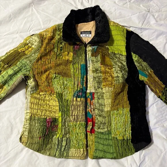 Tiger Lili VTG 80s 90s Patchwork Jacket 100% Silk Wearable Art Faux Fur Green 10 - Picture 3 of 13